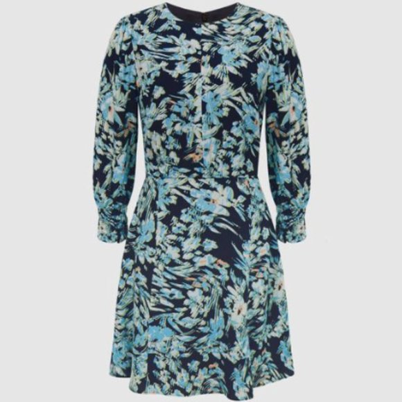 REISS ANNIE FLORAL PRINT NAVY/BLUE MINI DRESS sz 2 - Picture 4 of 5